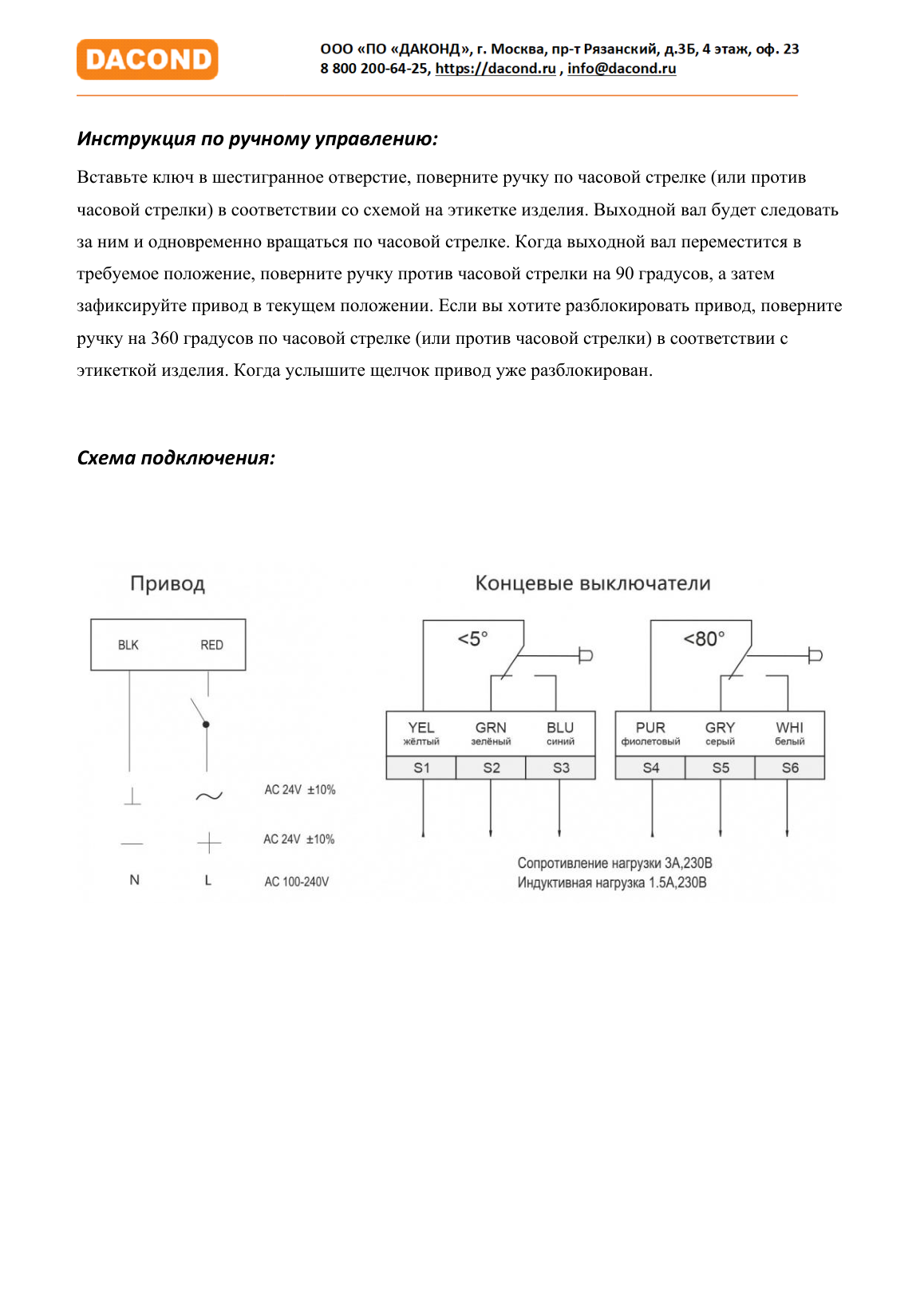 Электропривод DACOND DAC-BLF24-02 (2,5 Н·м, 24 В, для ОЗК, с пружиной)